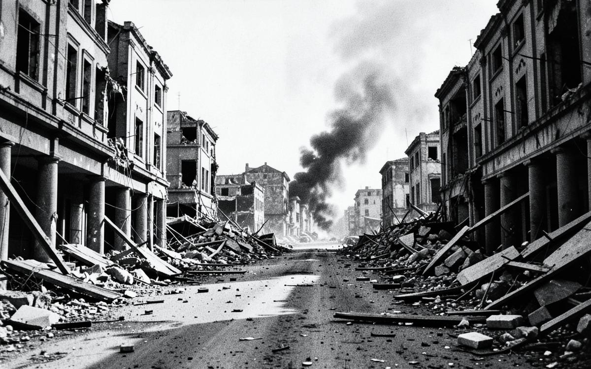 A damaged city street with smoke rising in the distance