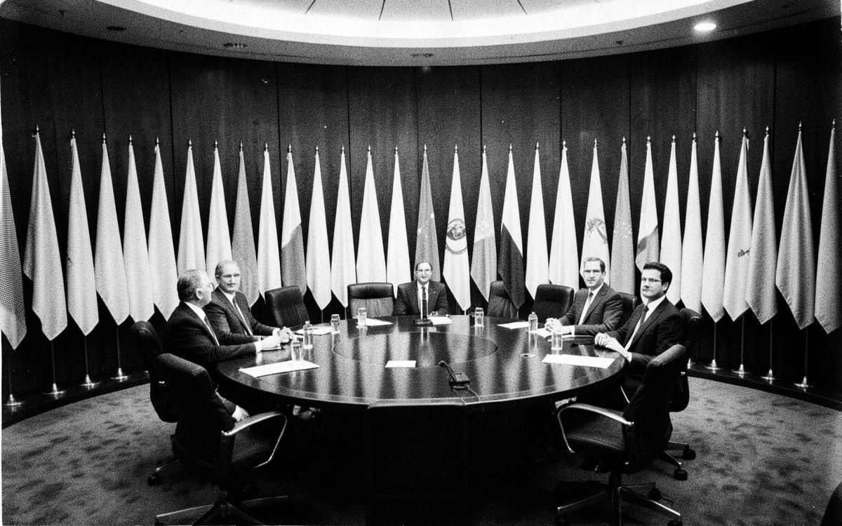 Delegates seated at a round table before a row of flags