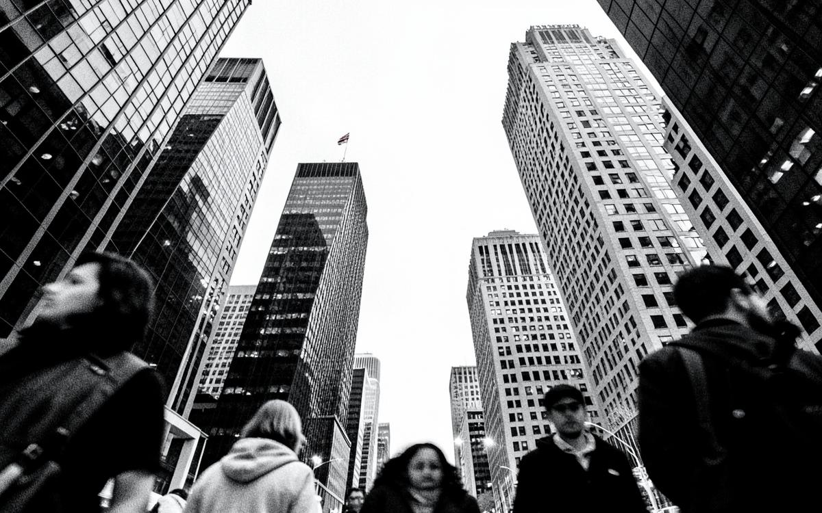Financial district towers seen from street level
