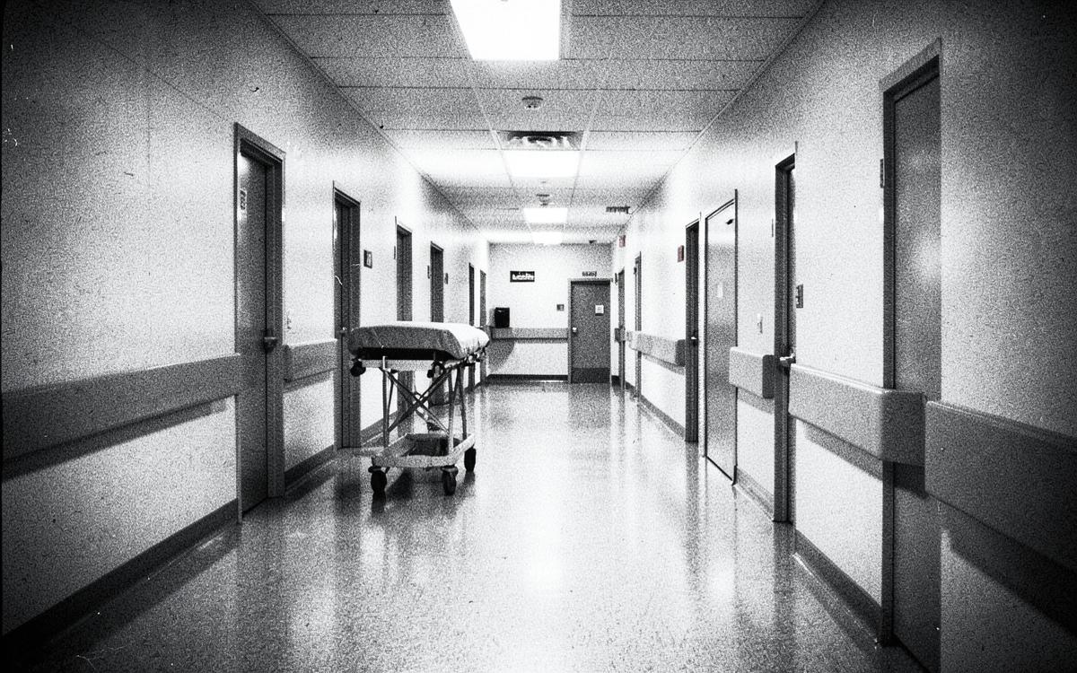 An empty hospital corridor with a gurney
