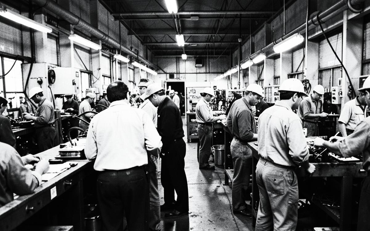 Workers at benches inside a factory floor