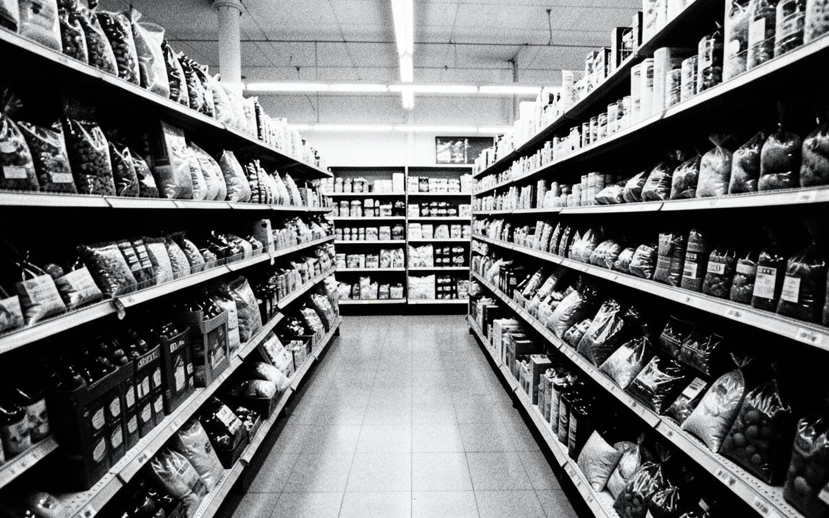 A supermarket aisle lined with groceries
