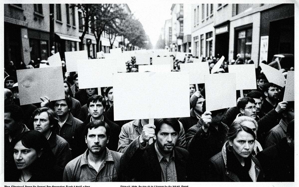 Protesters marching in the street holding blank signs