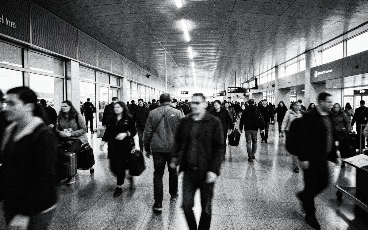 Travelers moving through a busy transit terminal